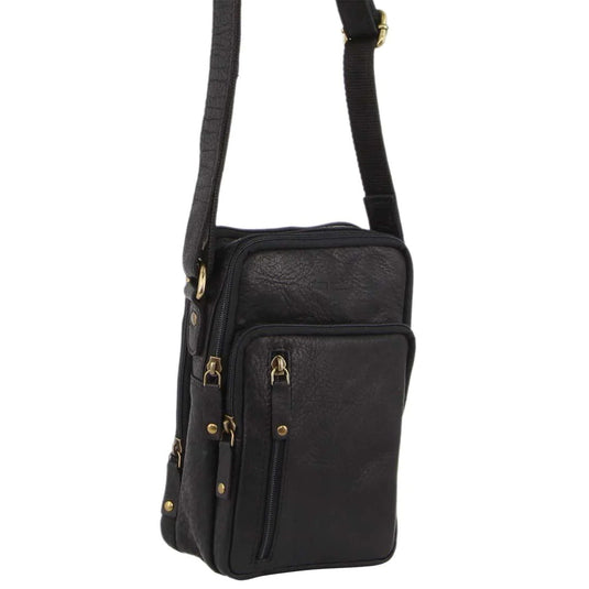 Pierre Cardin Rustic Leather Cross Body Bag Messenger Mens Satchel Day Pack - Black-0