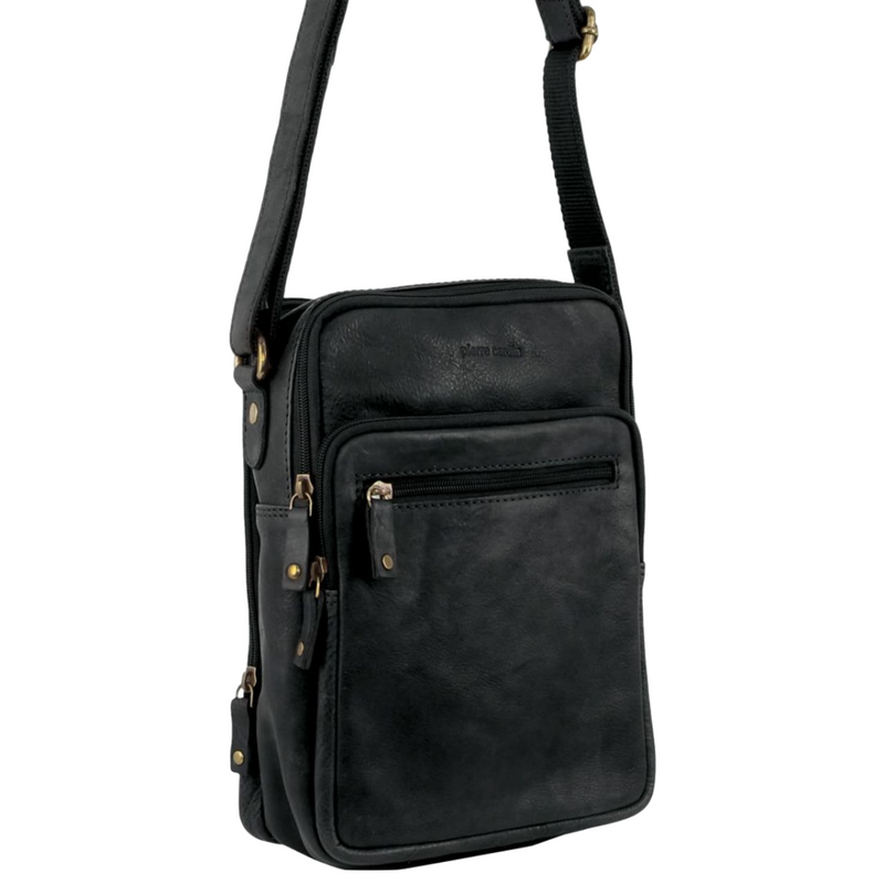 Load image into Gallery viewer, Pierre Cardin Rustic Leather Tablet Bag Cross Body Messenger - Black-0
