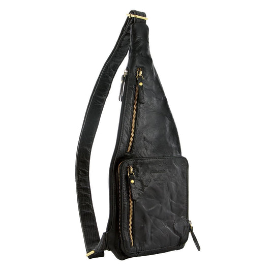 Pierre Cardin Mens Sling Bag Rustic Leather Crossbody Chest Backpack - Black-0