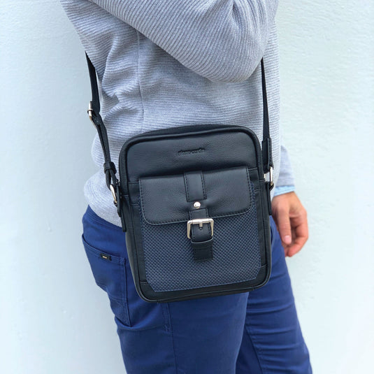 Pierre Cardin Pebbled Leather Organizer Bag Cross Body - Black/Navy-2