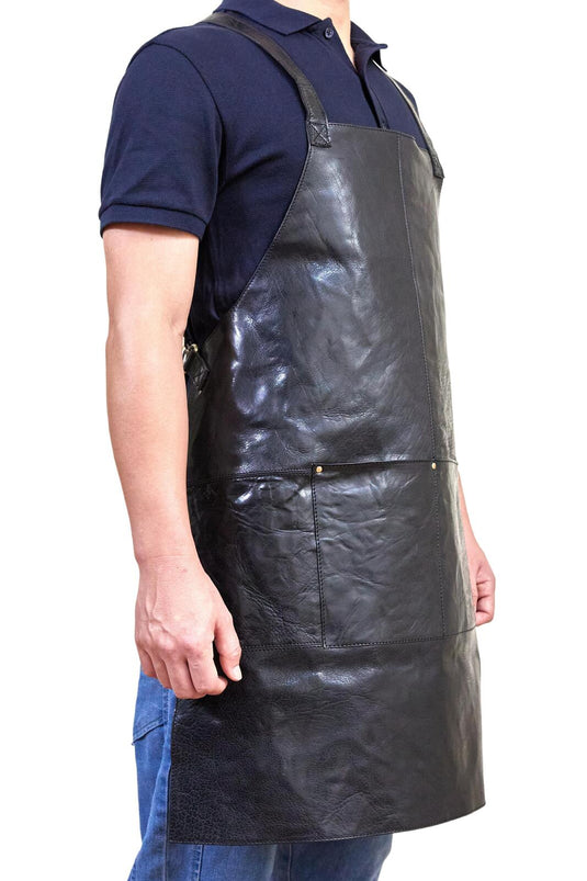 Pierre Cardin Professional Leather Apron Butcher Woodwork Hairdressing Barber Chef - Shiny Black-3