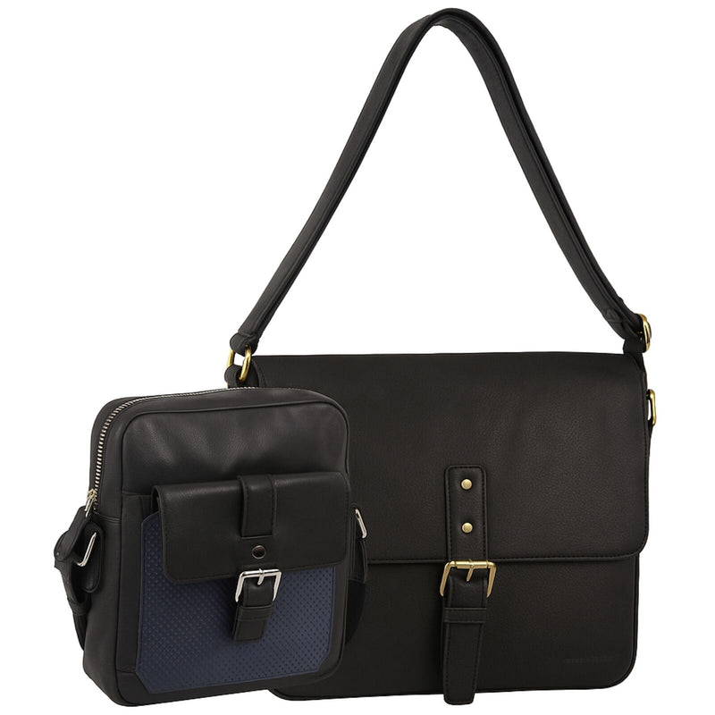Load image into Gallery viewer, Pierre Cardin Leather Business Bag in Black &amp; Organizer Cross Body in Black/Navy-0
