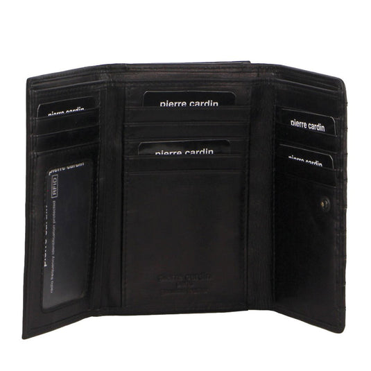 Pierre Cardin Stich Design Leather Ladies Large Tri-Fold Wallet in Black-1