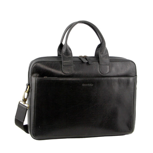 Pierre Cardin Mens Italian Leather 15" Laptop Computer Bag - Black-0