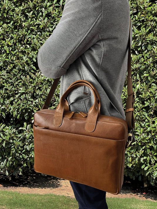 Pierre Cardin Mens Italian Leather 15" Laptop Computer Bag Travel - Tan-3