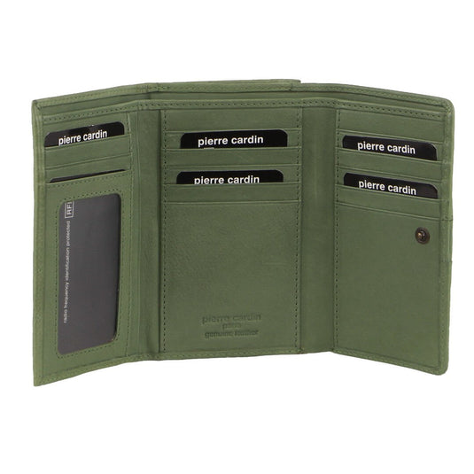 Pierre Cardin Leather Ladies Leather Woven Design Tri-fold Wallet in Leaf Green-0