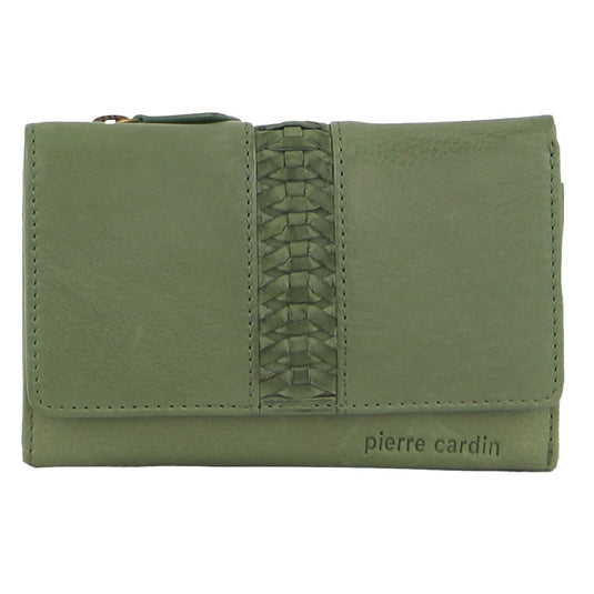 Pierre Cardin Leather Ladies Leather Woven Design Tri-fold Wallet in Leaf Green-2