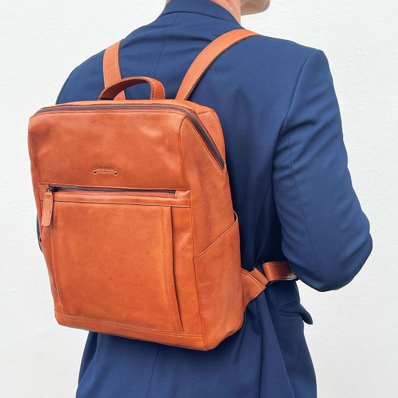 Load image into Gallery viewer, Pierre Cardin Italian Leather Unisex Backpack Bag w 15" Laptop Insert in Cognac-3

