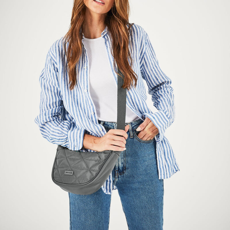 Load image into Gallery viewer, Pierre Cardin Ladies Nylon Crescent Quilted Crossbody Bag - Grey-2
