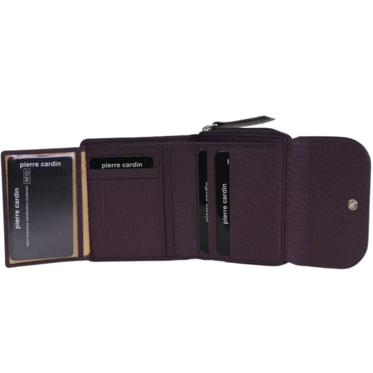 Pierre Cardin Ladies Leather Wallet  Trifold Italian Snap Tab Multi Card Zip Coin in Burgundy Taupe-2
