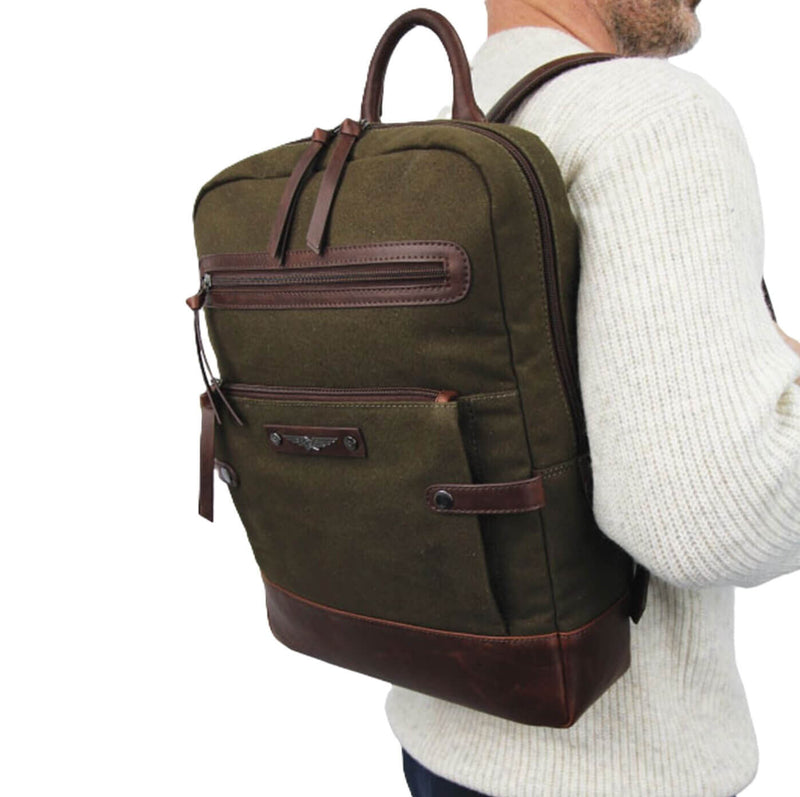 Load image into Gallery viewer, POLICE Wings Mens Canvas Backpack Bag with Laptop Computer Sleeve in Dark Olive-2
