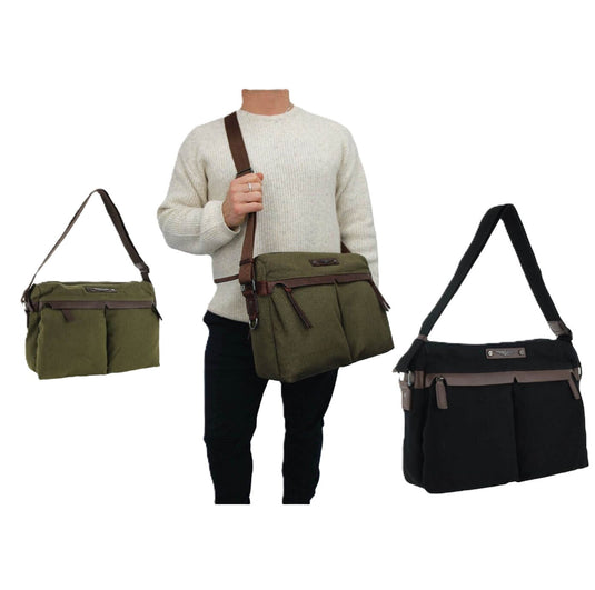 POLICE Wings Canvas Mens Messenger Business Bag w/ Laptop Computer Section in Black-3