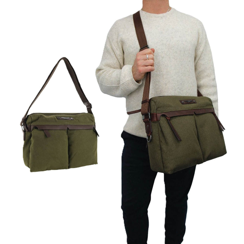 Load image into Gallery viewer, POLICE Wings Canvas Mens Messenger Business Bag w/ Laptop Computer Section in Dark Olive-4
