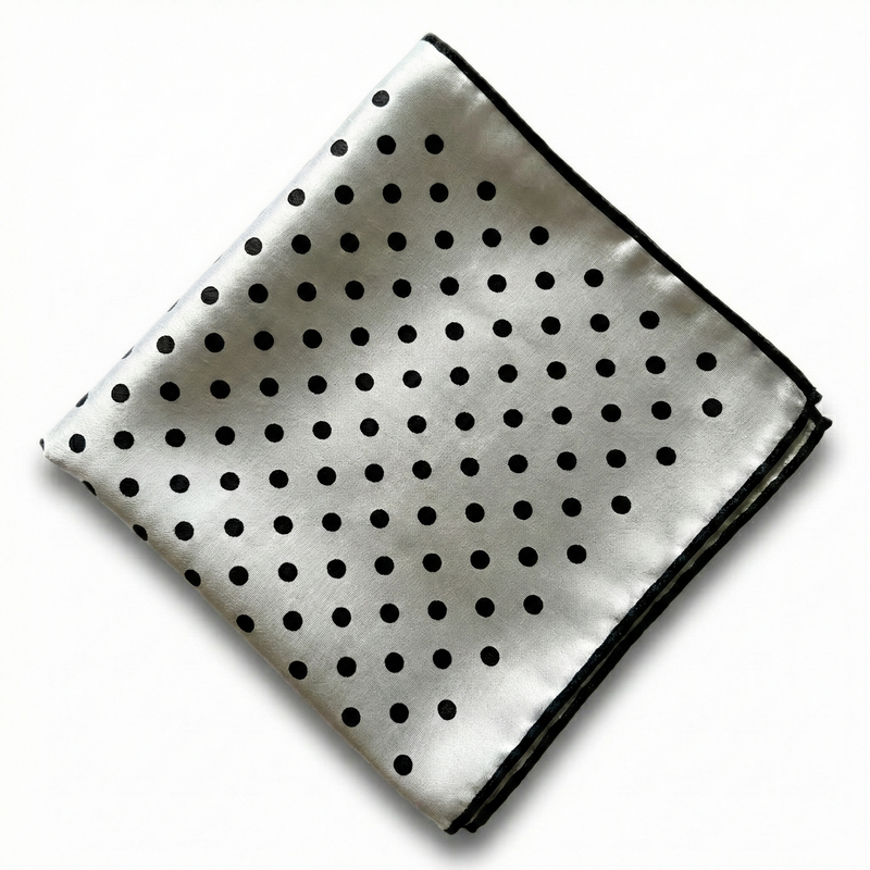 Load image into Gallery viewer, Formalaties Luxury Satin Polka Dot Hank Pocket Square Handkerchief in Silver/Black-1
