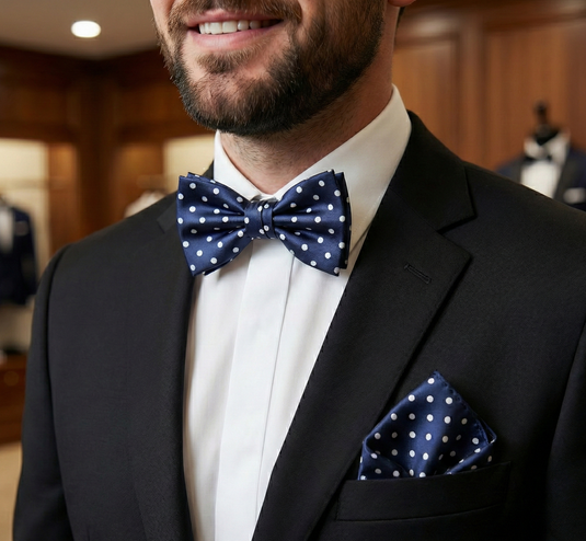 Formalaties Luxury Satin Polka Dot Hank Pocket Square & Bow Tie in Navy/White-1