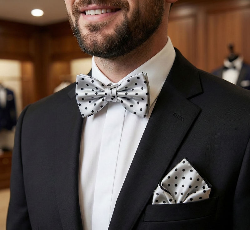 Load image into Gallery viewer, Formalaties Luxury Satin Polka Dot Hank Pocket Square &amp; Bow Tie in Silver/Black-0
