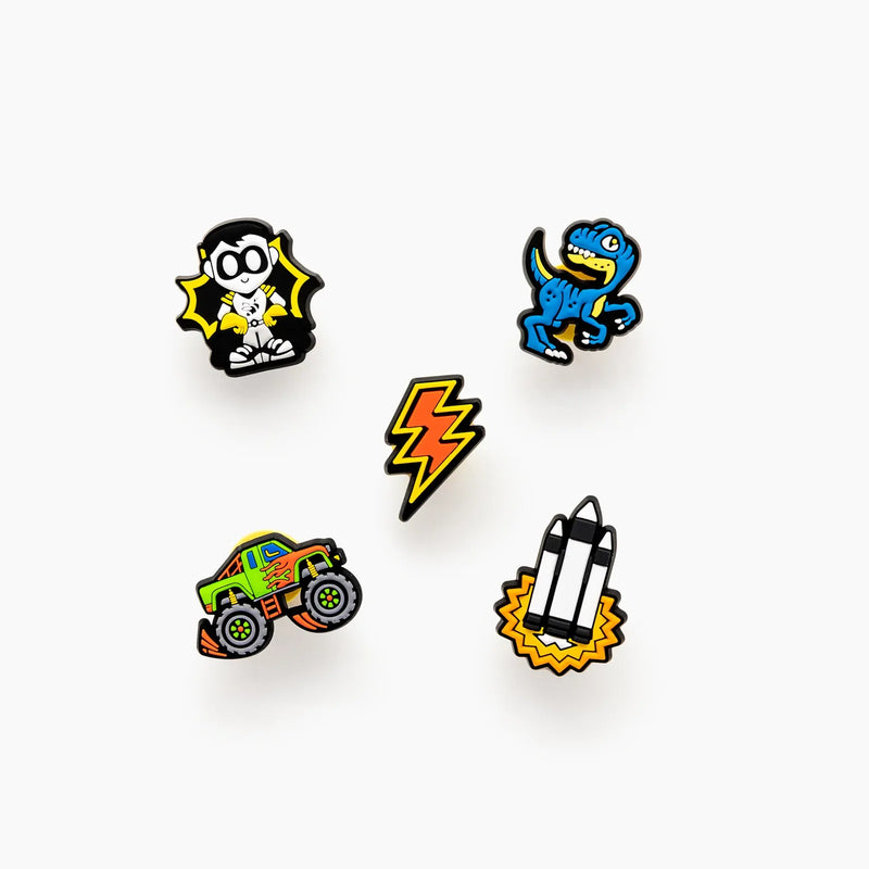 Load image into Gallery viewer, Joybees Popinz 5 Pack Shoe Charms Kids Superhero Dinosaur Monster Truck Space Theme in Lil Buddies-0
