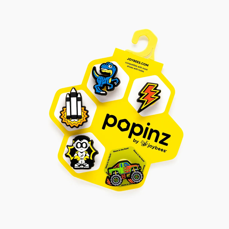 Load image into Gallery viewer, Joybees Popinz 5 Pack Shoe Charms Kids Superhero Dinosaur Monster Truck Space Theme in Lil Buddies-3
