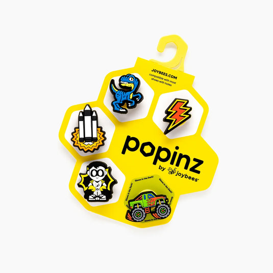 Joybees Popinz 5 Pack Shoe Charms Kids Superhero Dinosaur Monster Truck Space Theme in Lil Buddies-3