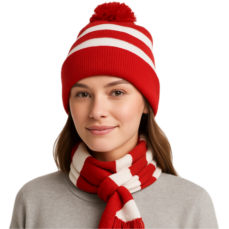 Load image into Gallery viewer, Red White Stripe BEANIE &amp; SCARF SET Hat Where's Wally Waldo Costume Ski Winter Cap-0
