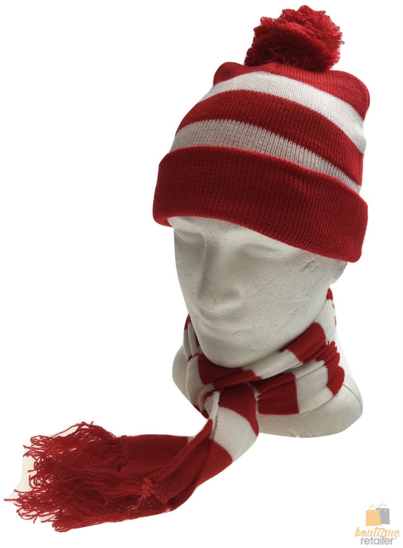 Load image into Gallery viewer, Red White Stripe BEANIE &amp; SCARF SET Hat Where's Wally Waldo Costume Ski Winter Cap-2
