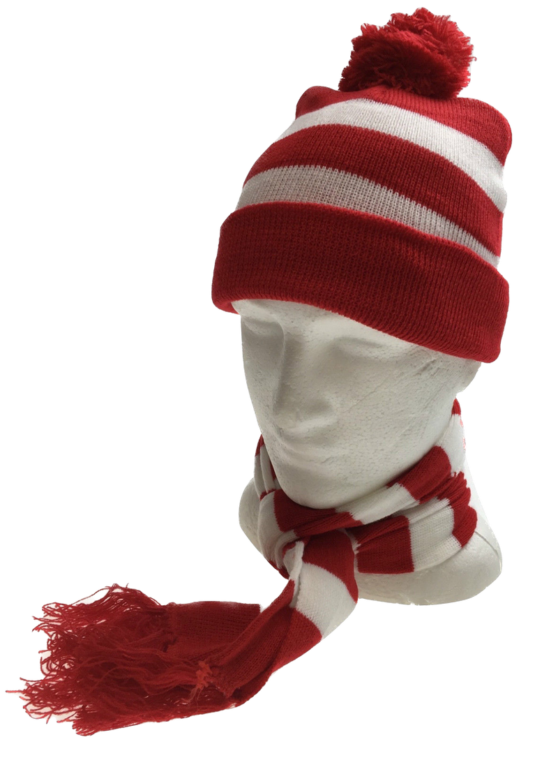 Load image into Gallery viewer, Red White Stripe BEANIE &amp; SCARF SET Hat Where&#39;s Wally Waldo Costume Ski Winter Cap-0
