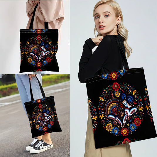 Ukrainian Floral Print Tote Bag - Black with Colourful Ethnic Pattern & Fixed Shoulder Straps-4
