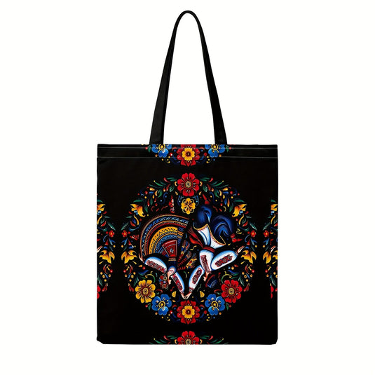 Ukrainian Floral Print Tote Bag - Black with Colourful Ethnic Pattern & Fixed Shoulder Straps-1