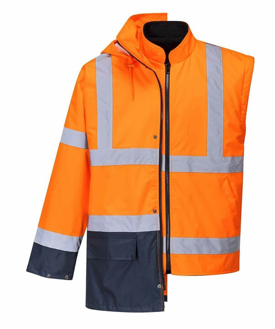 Portwest Hi-Vis Safety Workwear Waterproof Rain Jacket Coat 5-in-1 Two Tone - Orange/Navy-0