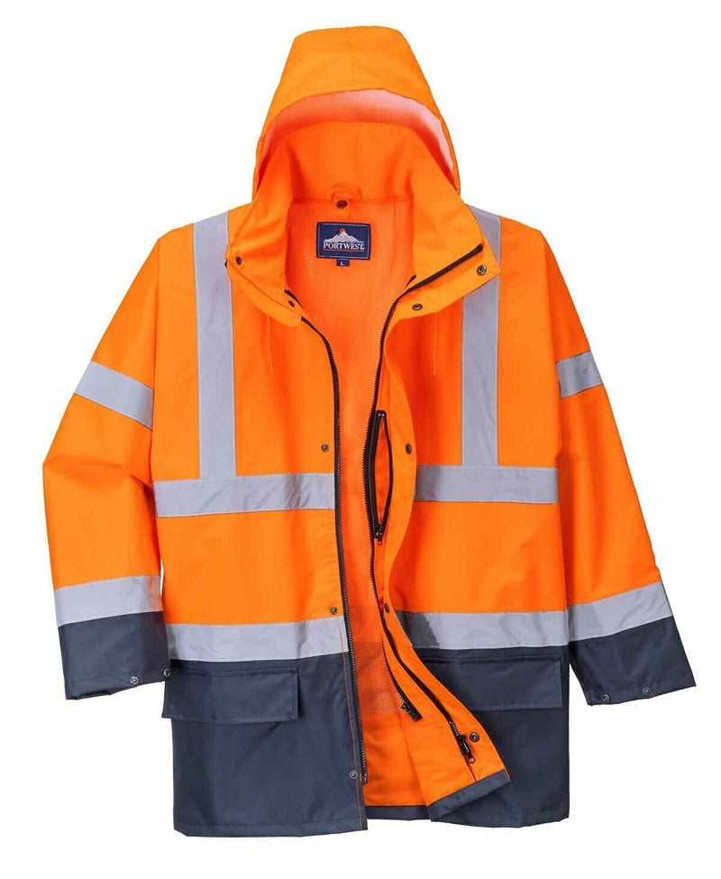 Load image into Gallery viewer, Portwest Hi-Vis Safety Workwear Waterproof Rain Jacket Coat 5-in-1 Two Tone - Orange/Navy-1
