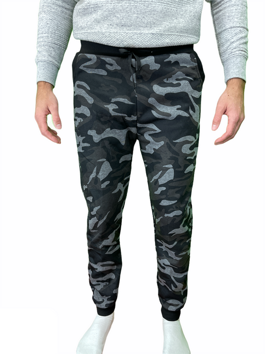 Mens Camouflage Track Pants Fleece Lined Jogger Camo Sweatpants Trackies - Black/Grey-1