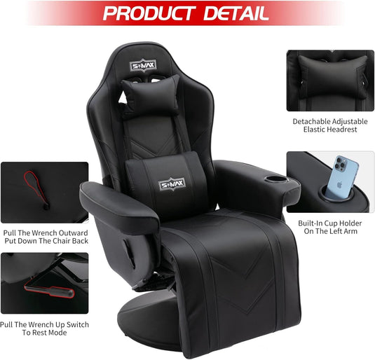 S*MAX Gaming Recliner Chair with Flip-Up Footrest in Black PU Leather – Fixed Height Swivel Base-3