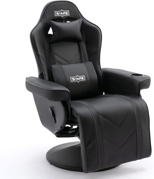 S*MAX Gaming Recliner Chair with Flip-Up Footrest in Black PU Leather – Fixed Height Swivel Base-0
