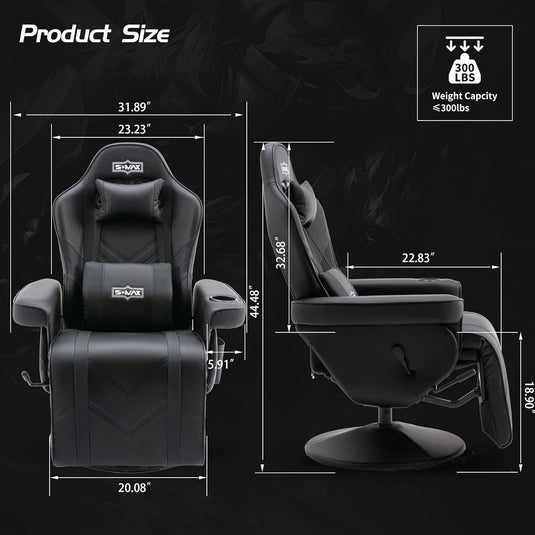 S*MAX Gaming Recliner Chair with Flip-Up Footrest in Black PU Leather – Fixed Height Swivel Base-2
