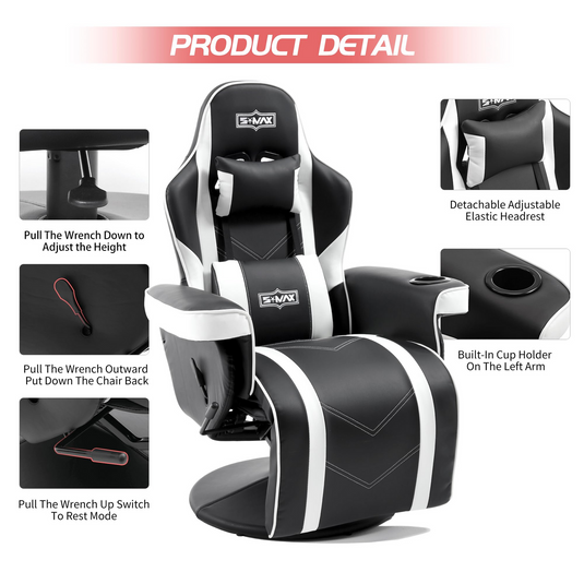 S*MAX Gaming Recliner Chair with Flip-Up Footrest in Black and White PU Leather – Gas Lift Height Adjustable-3