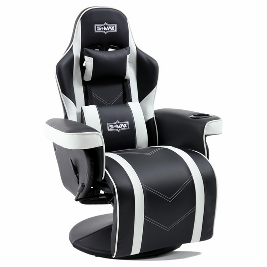 S*MAX Gaming Recliner Chair with Flip-Up Footrest in Black and White PU Leather – Gas Lift Height Adjustable-0