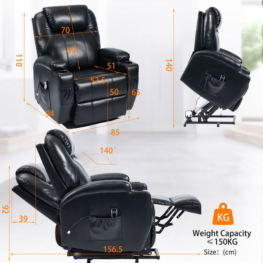S*MAX Electric Power Lift Recliner Chair with Cup Holders, USB Charging and Remote Control in Black PU Leather