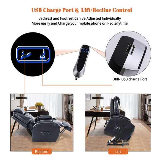 S*MAX Electric Power Lift Recliner Chair with Cup Holders, USB Charging and Remote Control in Black PU Leather