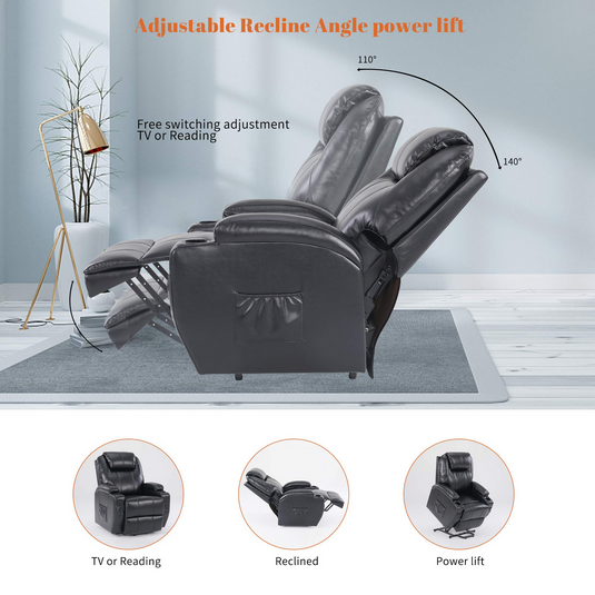 S*MAX Electric Power Lift Recliner Chair with Cup Holders, USB Charging and Remote Control in Black PU Leather-4