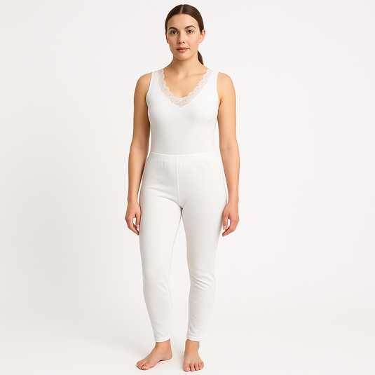 2pcs Set Womens Cotton Thermal Singlet Top & Pants Underwear Thermals in White-0