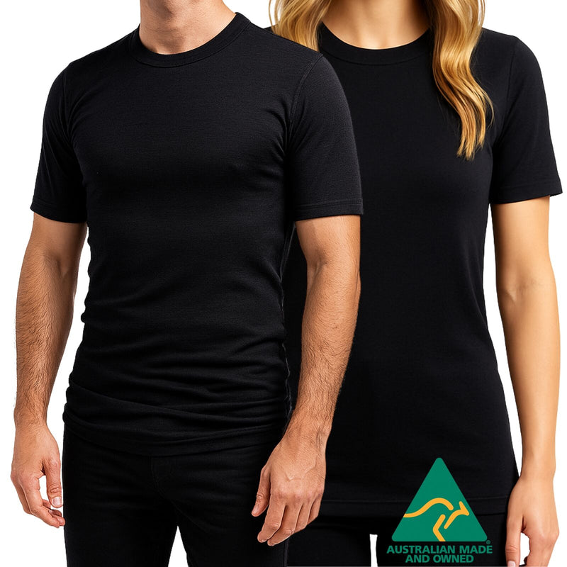 Load image into Gallery viewer, MERINO SKINS Crew Neck Short Sleeve T-Shirt Top 100% Wool Underwear Thermals in Black-1
