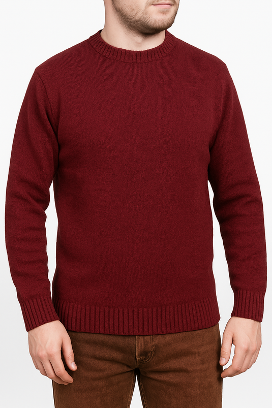 100% SHETLAND RAGG WOOL CREW Round Neck Knit JUMPER Pullover Mens Sweater Knitted - Burgundy-1
