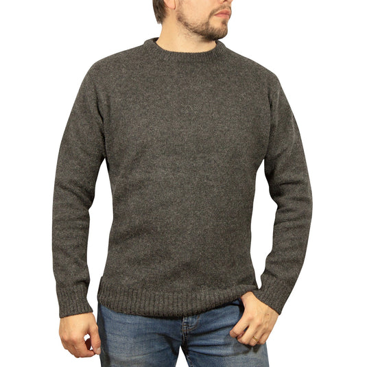 Mens 100% Shetland Ragg Wool Round Neck Knit Jumper Pullover Crew Sweater - Charcoal (29)-0