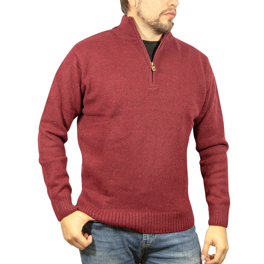 100% SHETLAND RAGG WOOL Half Zip Up Knit JUMPER Pullover Mens Sweater Knitted - Burgundy-1