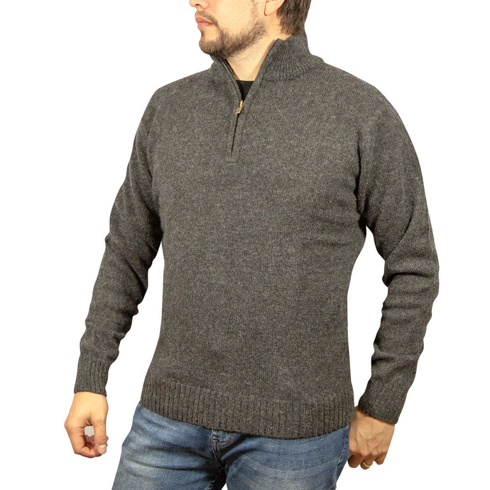 100% SHETLAND RAGG WOOL Half Zip Up Knit JUMPER Pullover Mens Sweater Knitted - Charcoal-0