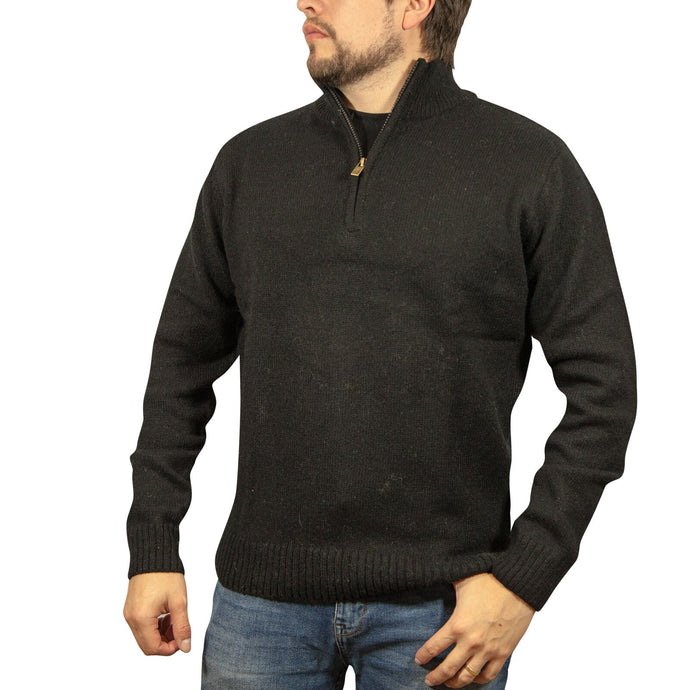 100% SHETLAND RAGG WOOL Half Zip Up Knit JUMPER Pullover Mens Sweater Knitted - Plain Black-0