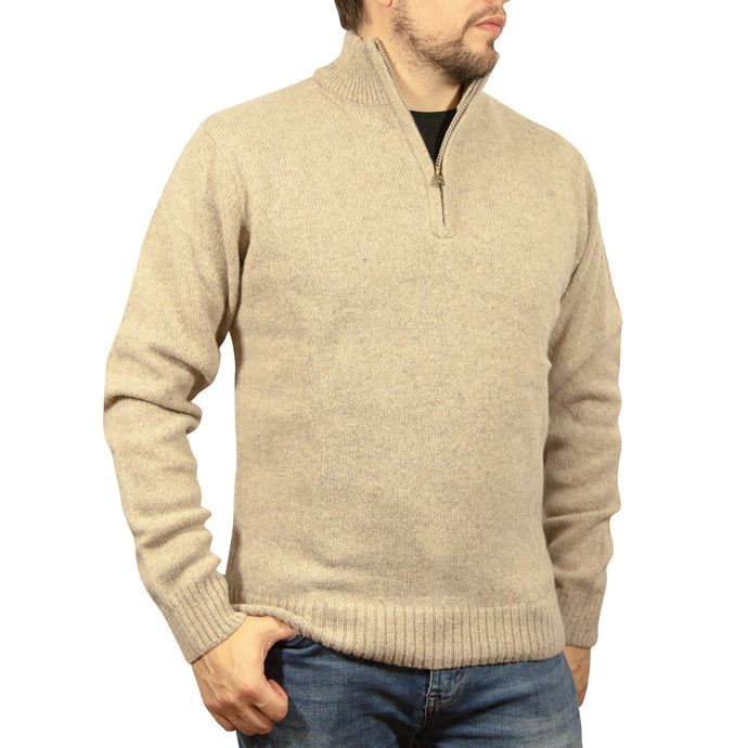 100% SHETLAND RAGG WOOL Half Zip Up Knit JUMPER Pullover Mens Sweater Knitted - Oat Marle-0