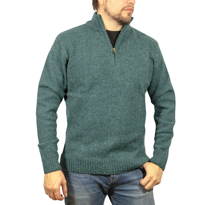100% SHETLAND RAGG WOOL Half Zip Up Knit JUMPER Pullover Mens Sweater Knitted - Sherwood-0