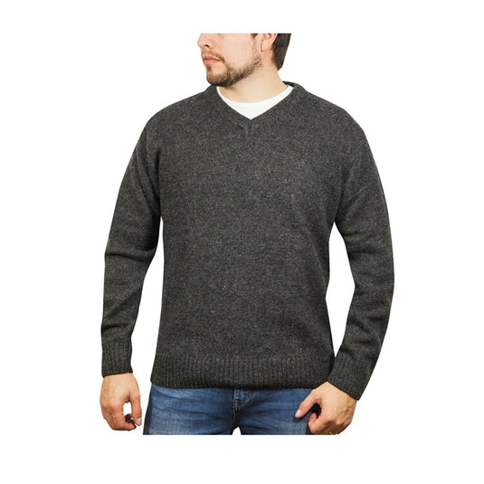 100% Shetland Ragg Wool V Neck Knit Jumper Pullover Mens Sweater Knitted - Charcoal-0