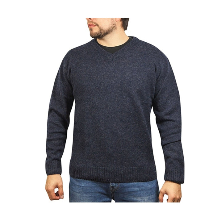 100% Shetland Ragg Wool V Neck Knit Jumper Pullover Mens Sweater Knitted - Navy-0